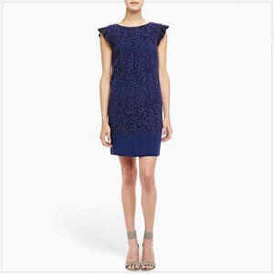 Ella Moss Jamie Navy Blue Lace Faux Suede Trim Shift Cap Sleeve Dress M L ?